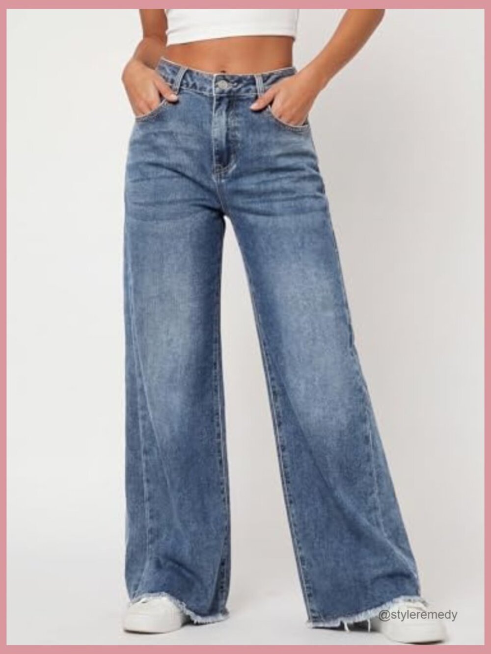 Wide Leg Jeans with Raw Hem, Mid Rise, Stretchable Cotton Blend Denim - Picture 2 of 7